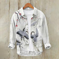 Spretix Premium White Japanese Crane Art Print Shirt for Men | Full Sleeve Casual Linen Blend Button-Down Shirt
