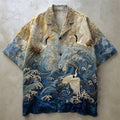 Spretix Premium Japanese Crane & Ocean Wave Art Shirt for Men | Half Sleeve Casual Linen Blend Designer Resort Shirt