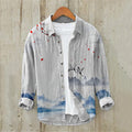 Spretix Premium White Japanese Landscape Crane Print Shirt for Men | Full Sleeve Casual Linen Blend Designer Shirt