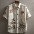 Spretix Premium White Embroidered Tropical Art Shirt for Men | Half Sleeve Button-Down Casual Summer Shirt